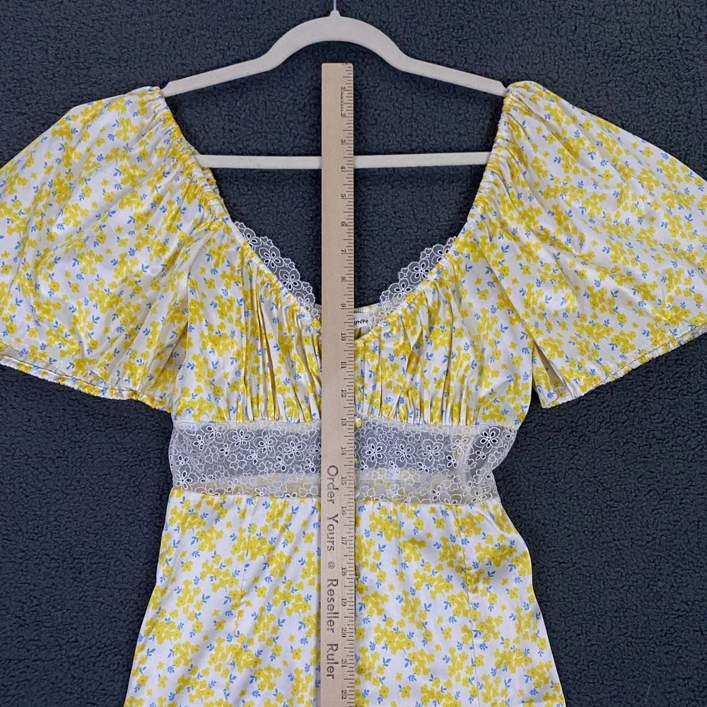 For Love & Lemons Dress FITS XS Yellow Daffodil Floral Puff Sleeve Satin Mini